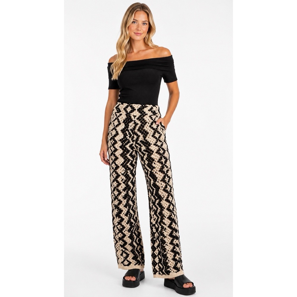 Sandro Henrik Geometric Crochet Wide Leg Pants 40 Coastal Boho Chic Resort - Picture 2 of 14
